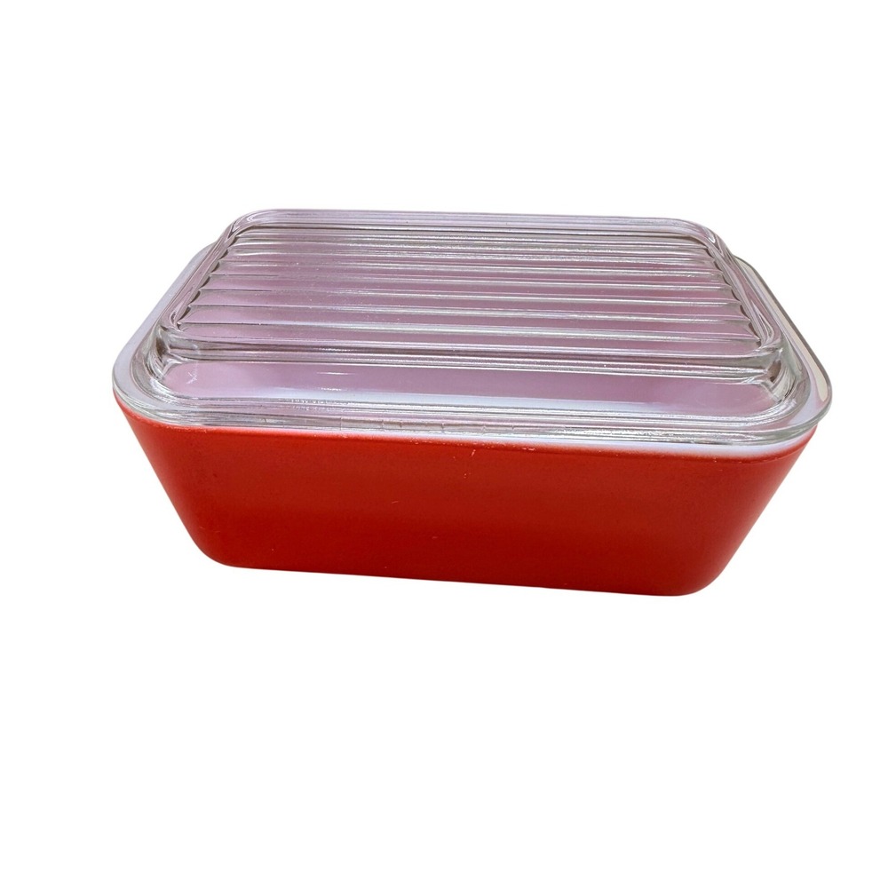 Vintage Pyrex Refrigerator Dish Retro 1.5 PT Primary Red 0502 Ribbed Glass Lid